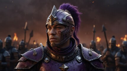 a purple theme warrior general with armor portrait on middle of a battle ground fight from Generative AI - obrazy, fototapety, plakaty