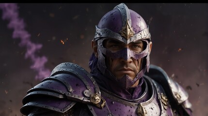 a purple theme warrior general with armor portrait on middle of a battle ground fight from Generative AI