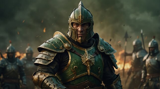 a green theme warrior general with armor portrait on middle of a battle ground fight from Generative AI