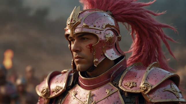 a pink theme warrior general with armor portrait on middle of a battle ground fight from Generative AI