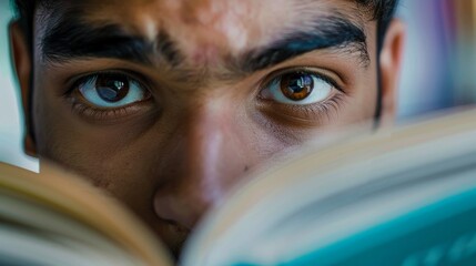 A close-up of a student's face. The student is reading a book and is engrossed in the material. The student's eyes are wide and the expression is one of concentration.