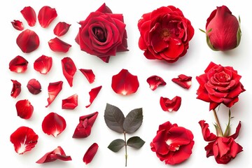 Red rose flower parts on white background, isolated floral elements