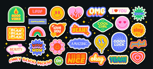 Set of vintage pop art stickers. Groovy retro badges with emoji, flower, hearts, rainbow and cool phrases. Trendy patches for printing. Cartoon flat vector collection isolated on black background