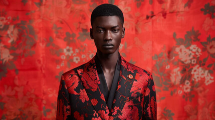 Fototapeta premium Standing in front of a vibrant red backdrop a handsome black man radiates confidence in a tailored Hanfuinspired suit. The exquisite details in the fabric and sleek silhouette pay .