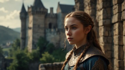 Fototapeta premium a young elf girl portrait on medieval era castle background from Generative AI