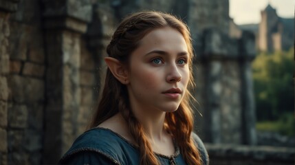 a young elf girl portrait on medieval era castle background from Generative AI