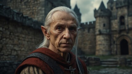 an elder elf man portrait on medieval era castle background from Generative AI