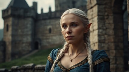 Fototapeta premium an elder elf woman portrait on medieval era castle background from Generative AI