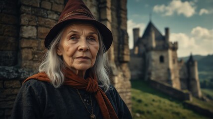 old woman witch portrait on medieval era castle background from Generative AI - obrazy, fototapety, plakaty