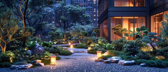 Enchantingly Lit Garden Pathway, Blending Natural Beauty with Thoughtful Landscaping, Inviting a Magical Evening Stroll