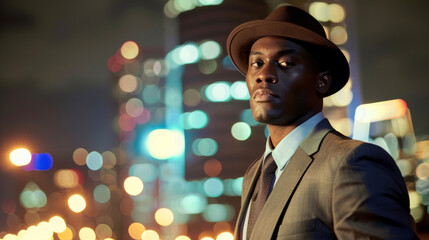 A dapper black man wearing a sharp suit and fedora stands against a backdrop of city lights. With a slight smirk and a cool confidence he exudes the charm and sophistication of a bygone .