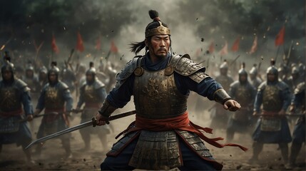 a chinese dynasty warrior portrait on middle of a battle ground fight from Generative AI