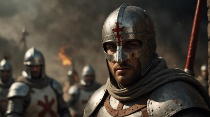 a knight templar warrior portrait on middle of a battle ground fight from Generative AI