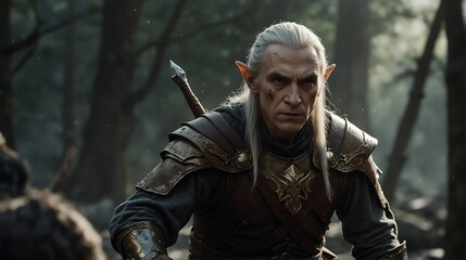Obraz premium an elder elf man warrior portrait on middle of a battle ground fight from Generative AI
