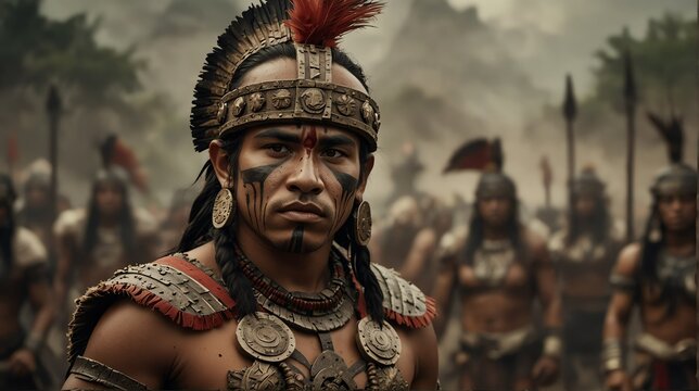an aztec warrior portrait on middle of a battle ground fight from Generative AI