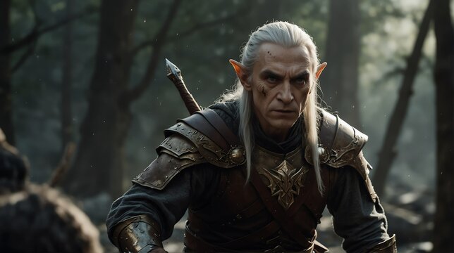 an elder elf man warrior portrait on middle of a battle ground fight from Generative AI