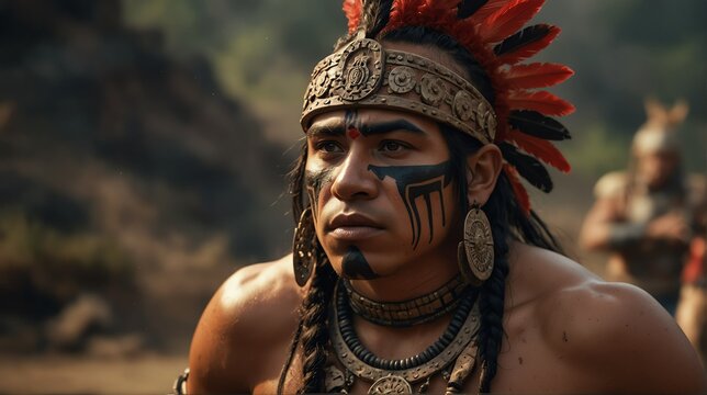 an aztec warrior portrait on middle of a battle ground fight from Generative AI