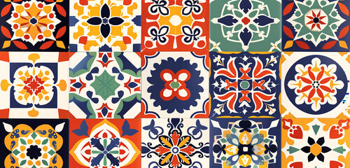 A Spanish mosaic-inspired pattern, with bright, bold tiles arranged in a captivating design that combines Islamic art influences with vibrant Mediterranean colors. 32k, full ultra hd, high resolution