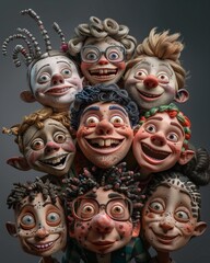 Different smiling faces emerging from a kinetic construction in a childrens book, each character a unique hybrid fantasy person against a dark grey backdrop,