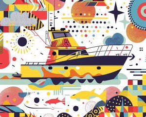 A boat on an album cover, surrounded by various patterns and designs, capturing the essence of adventure in flat vector art,