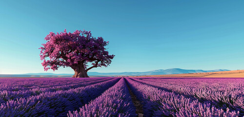 A sprawling field of lavender under a clear blue sky, the purple hues stretching to the horizon,...