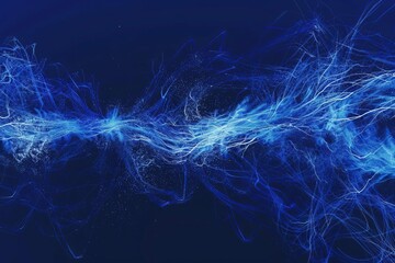 Abstract blue particle swarm, dynamic motion on deep blue background, digital art