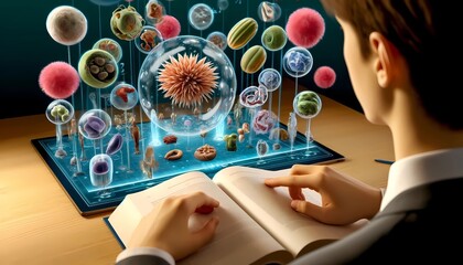 Virtual learning with a student taking note with virtual cells anatomy concept of  technology in education 