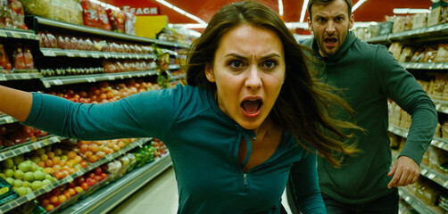 adult caucasian woman screams. the couple flees or is outraged and angry and upset. Complaining customers or fleeing for fear of terror or danger, supermarket, fictional drama