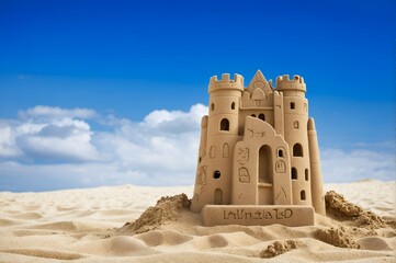 Intricate sand castle on a sunny beach