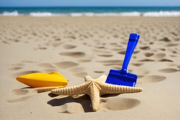 Fototapeta na wymiar Beach toys and starfish on sandy shore