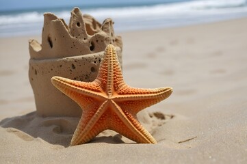 Starfish on sand castle at the beach
