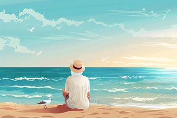 Serene senior woman enjoying peaceful moment on beach, active retirement illustration - obrazy, fototapety, plakaty