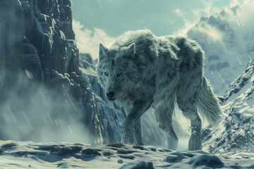 Fenrir the wolf, gigantic predatory animal in the high Nordic snowy mountains, god son of Loki in the Viking mythology - obrazy, fototapety, plakaty