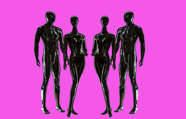 a group of black male and female mannequins stand at full height on a pink background. two pairs of black mannequins on a pink background - 780173023