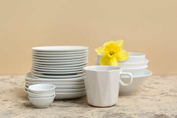 Composition with clean dishes, cup and beautiful daffodil on light table near brown wall