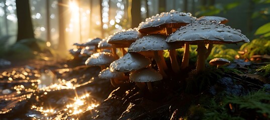 Enchanting Haven: A Majestic Oak Embraces a Cluster of Mushrooms, Nestled Amidst a Tapestry of Fallen Leaves, A Captivating Scene of Nature's Harmonious Dance