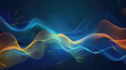 Abstract glowing waveform lines on a dark blue, yellow, orange, green, and blue background