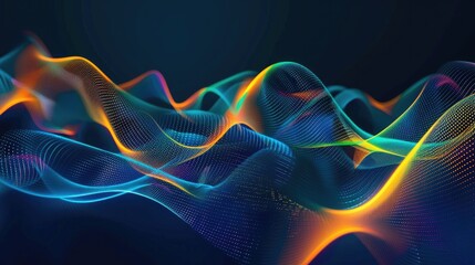 Abstract glowing waveform lines on a dark blue, yellow, orange, green, and blue background