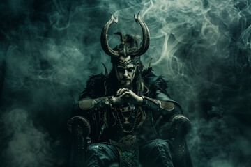 Loki, Norse god of mischief, lying warrior sitting on a throne, helmet with horns and smoke of Nordic mythology