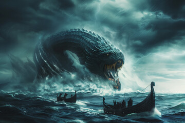 Jörmundgander, Viking World Serpent, son of Loki attacking the seas with giant jaws that terrorize Norse mythology - obrazy, fototapety, plakaty