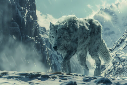 Fenrir the wolf, gigantic predatory animal in the high Nordic snowy mountains, god son of Loki in the Viking mythology
