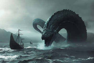 Jörmundgander, Viking World Serpent, monster son of the god Loki at sea with drakkar sailing - obrazy, fototapety, plakaty