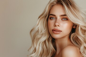 beautiful blonde woman with wavy medium-long hair, healthy skin looks at the camera and natural makeup