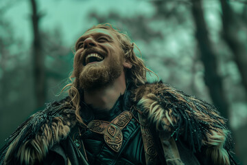 Loki, Norse god of mischief, evil laughter of the god of lies in a forest of Viking mythology - obrazy, fototapety, plakaty