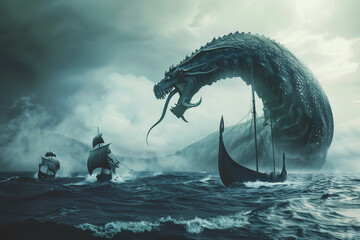 Jörmundgander, Viking World Serpent, sea monster attacking a fleet of drakkar from Norse mythology - obrazy, fototapety, plakaty