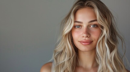 Fototapeta premium beautiful blonde woman with wavy medium-long hair, healthy skin looks at the camera and natural makeup