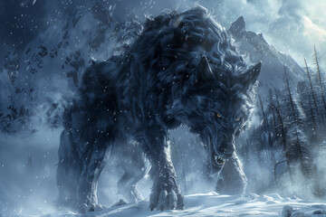 Fenrir the wolf, monstrous giant hungry animal, son of Loki in Viking mythology - obrazy, fototapety, plakaty