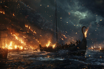 Ragnarok of Norse mythology, naval warfare of a burning drakkar during the end of the world of Norse mythology - obrazy, fototapety, plakaty