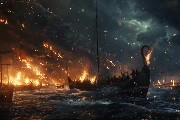 Fotobehang Ragnarok of Norse mythology, naval warfare of a burning drakkar during the end of the world of Norse mythology © Simn