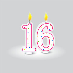 Sweet sixteen birthday candle. Celebration number decoration. Vibrant festive design. Vector illustration. EPS 10.